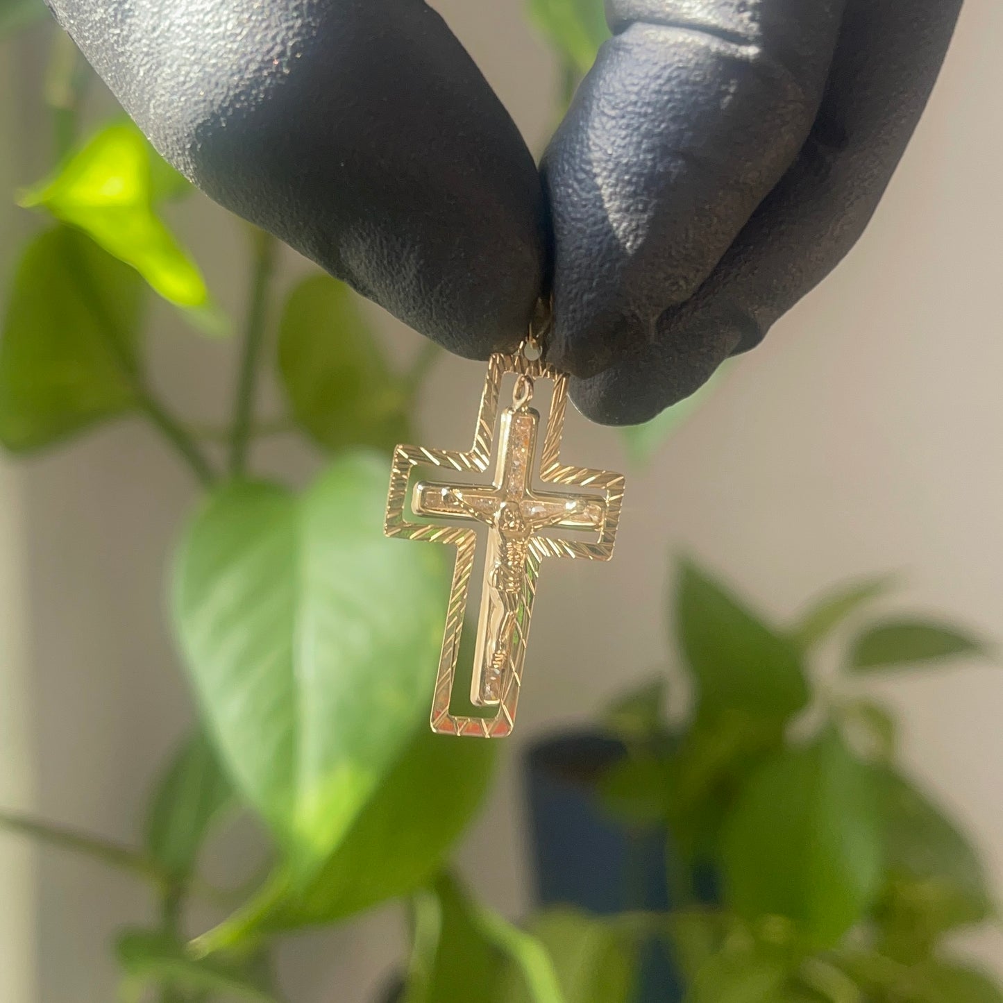 14K Yellow Gold CZ Double Cross Pendant