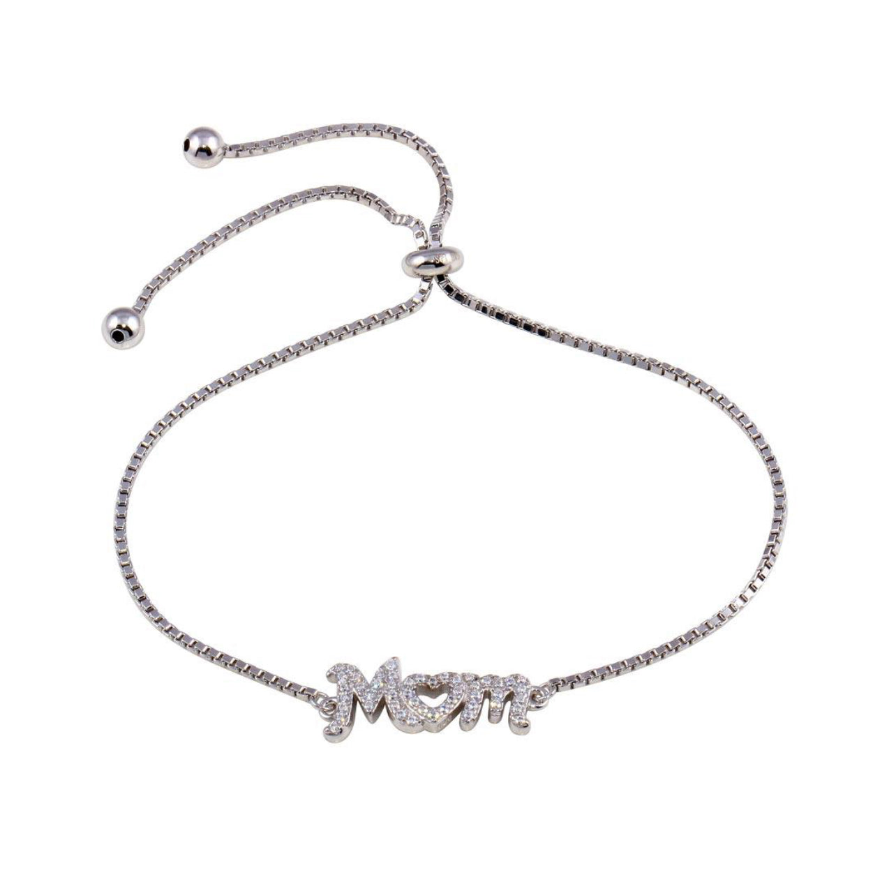 Silver 925 Rhodium Plated Lariat Mom CZ Bracelet