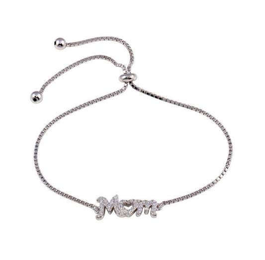 Silver 925 Rhodium Plated Lariat Mom CZ Bracelet