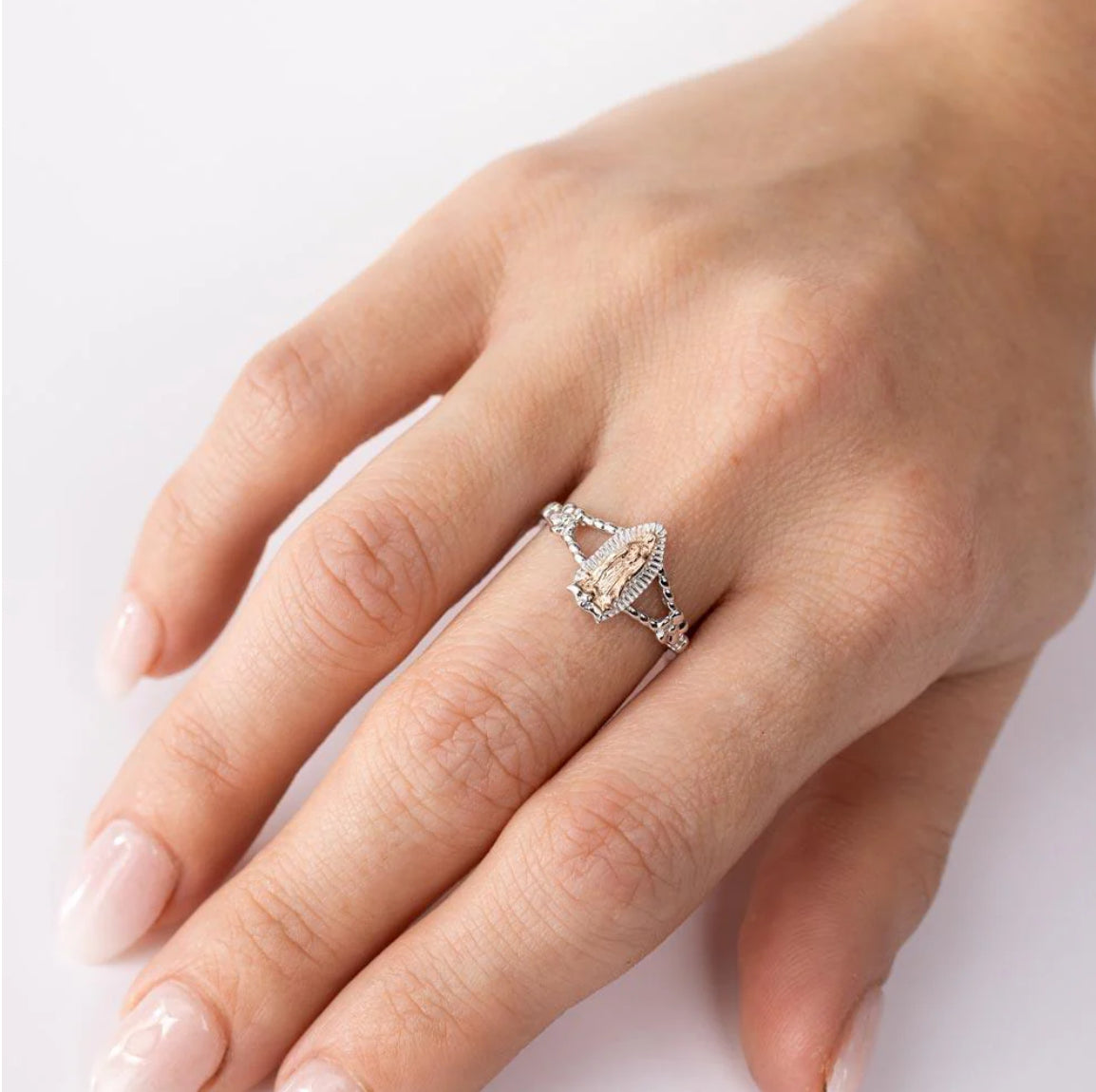 Two-Tone 925 Sterling Silver Lady of Guadalupe Open Shank Ring