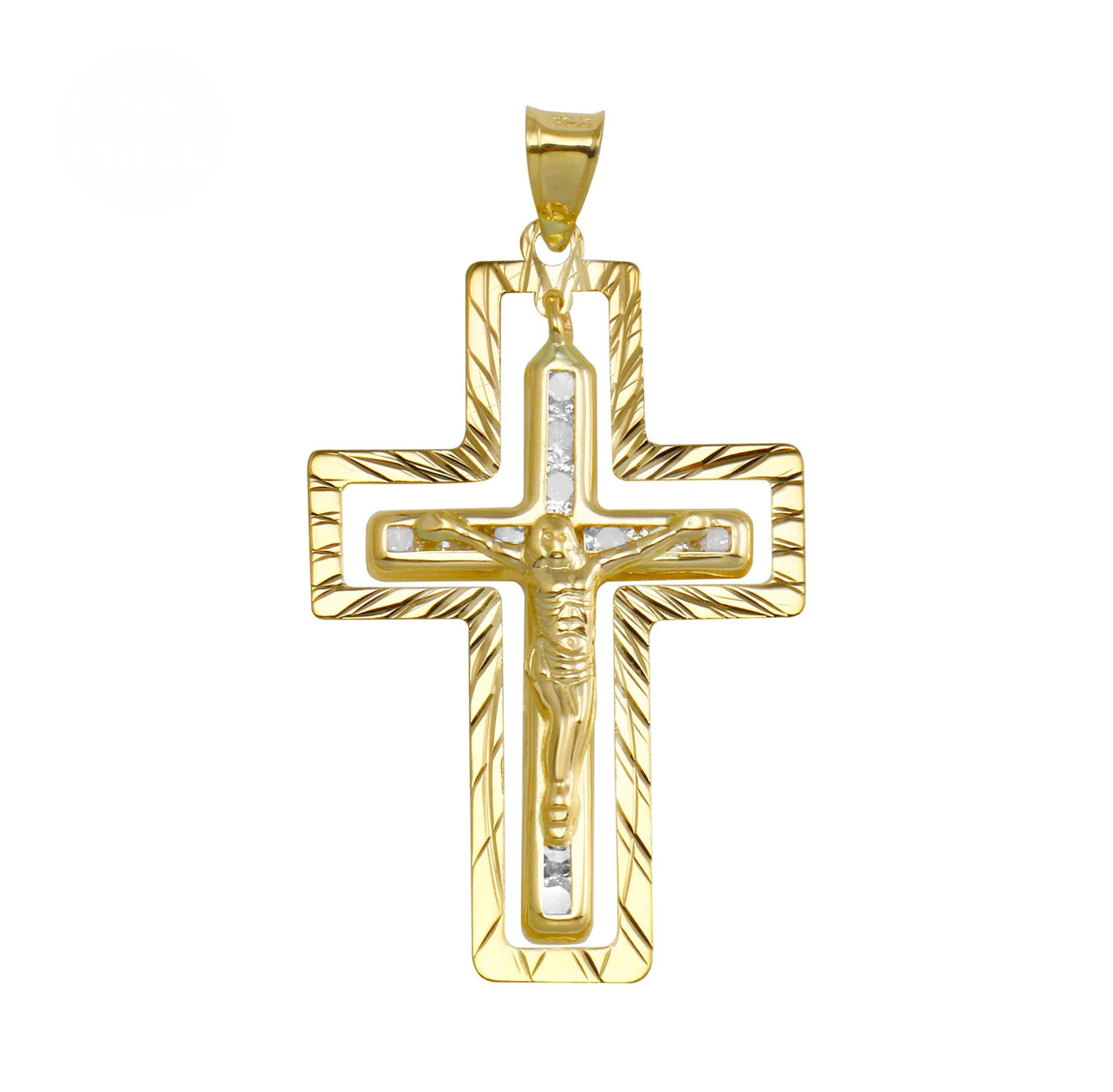 14K Yellow Gold CZ Double Cross Pendant