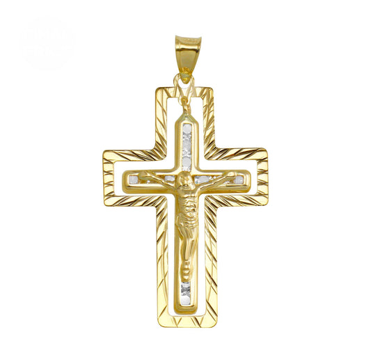 14K Yellow Gold CZ Double Cross Pendant