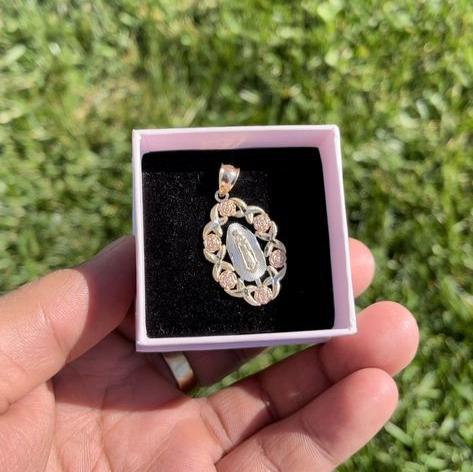 14K Yellow Gold Virgencita & Roses Pendant