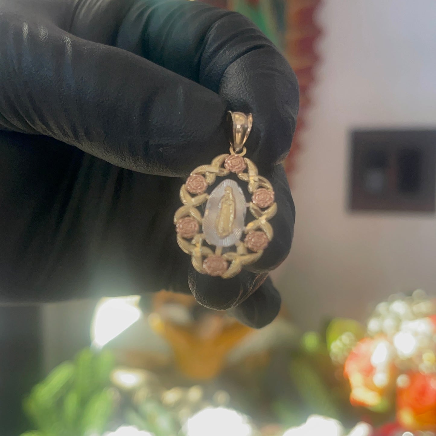 14K Yellow Gold Virgencita & Roses Pendant