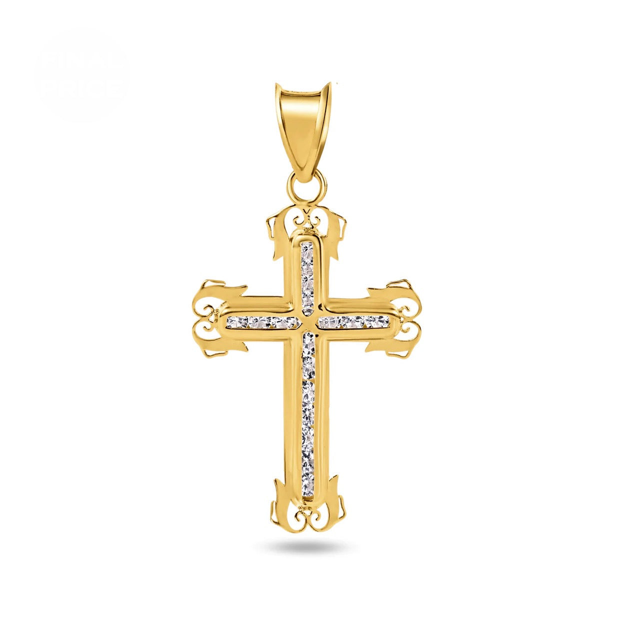 14K Yellow Gold Beaded Cross Clear CZ Pendant