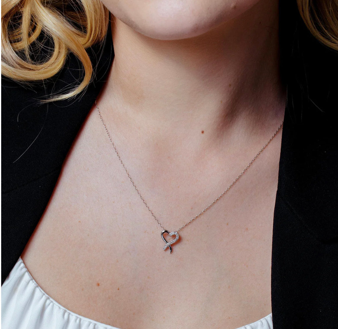 Silver 925 Rhodium Plated Open Overlapped Heart Diamond Necklaces