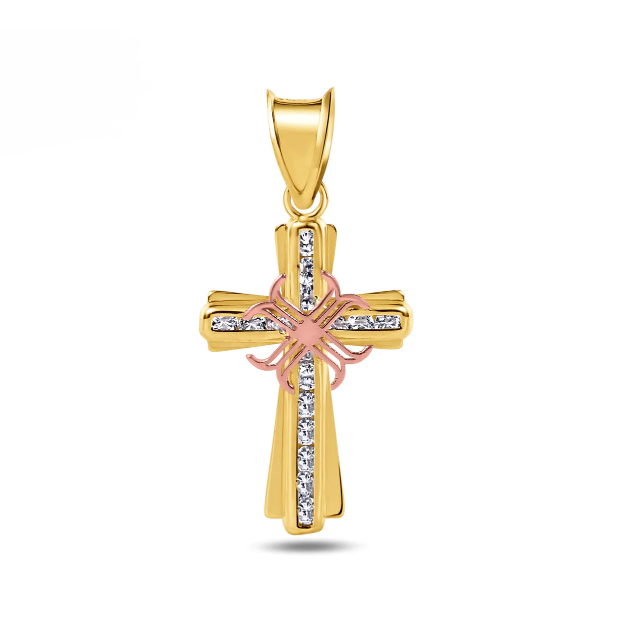 14K Yellow Gold Cross Two Tone Clear CZ Pendant