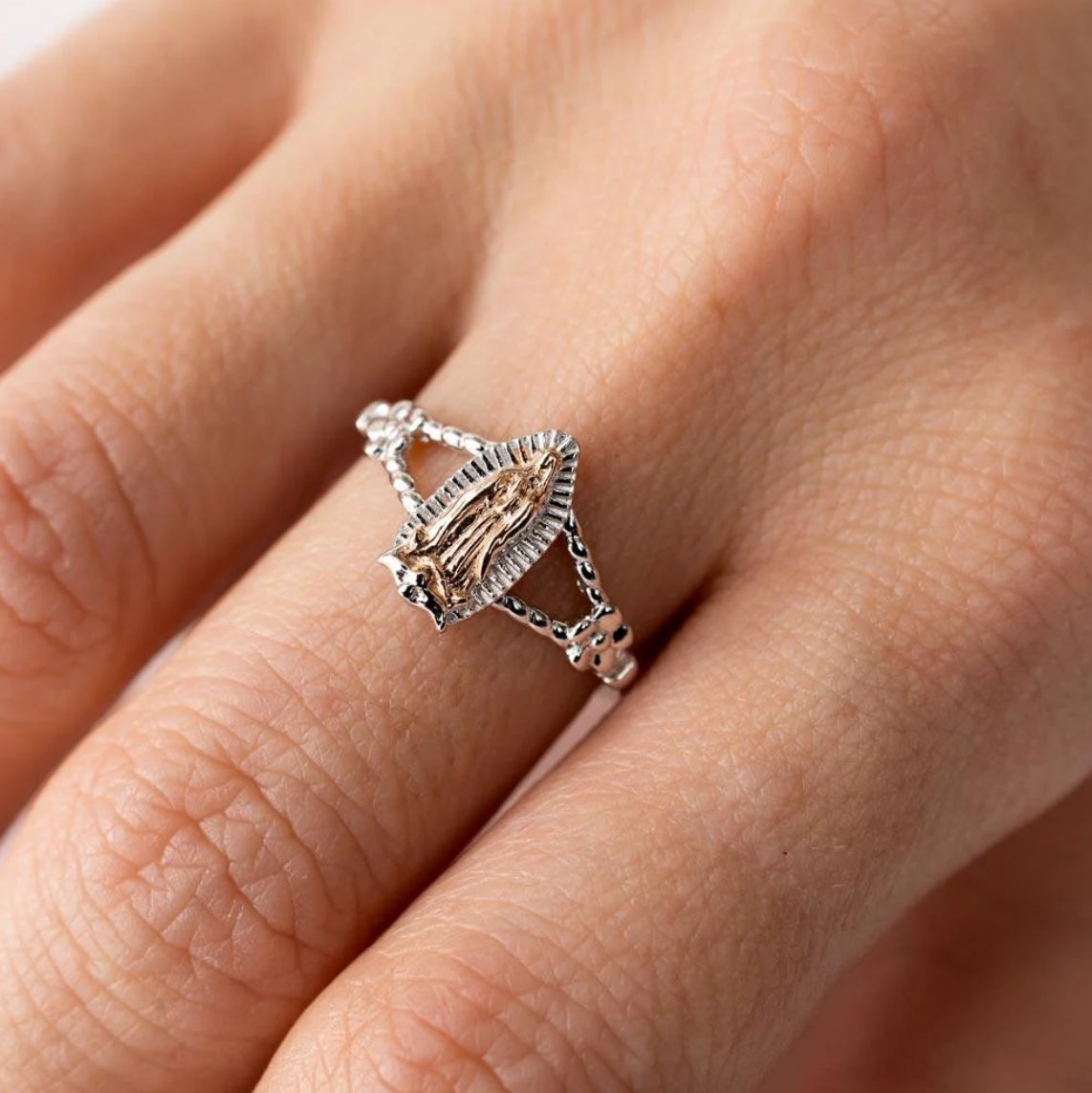 Two-Tone 925 Sterling Silver Lady of Guadalupe Open Shank Ring