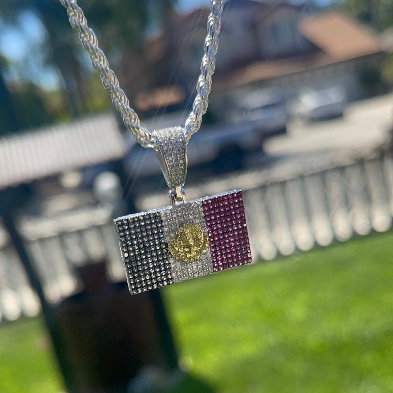 925 Sterling Silver Rectangular Mexico Flag Clear, Green, Red CZ Pendant