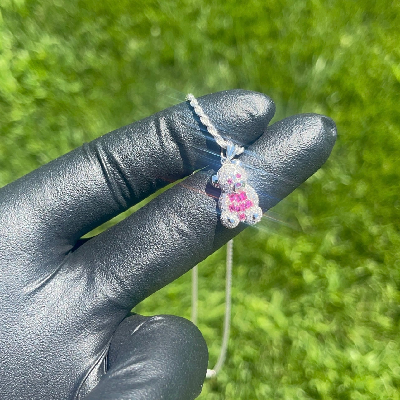 925 Sterling Silver Teddy Bear Red Baguette and Clear CZ Pendant