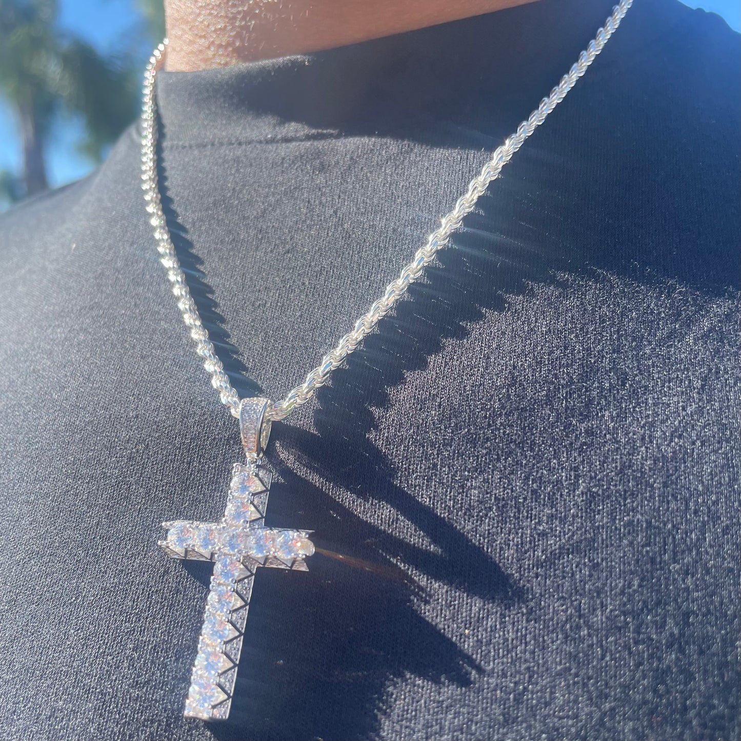 925 Silver Rope Chain CZ Cross Set