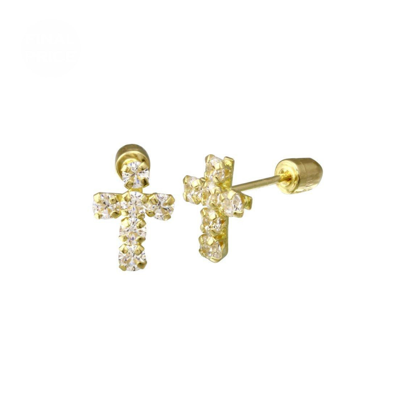 14K Yellow Gold Cross Clear CZ Screw Back Stud Earrings