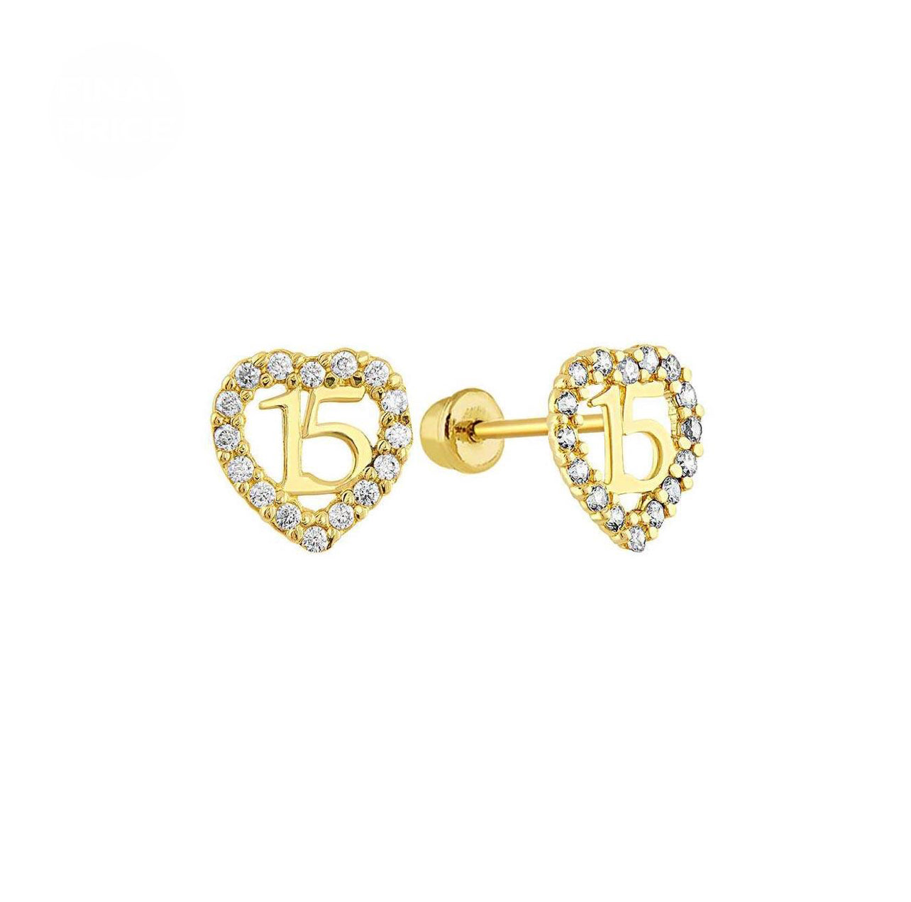 14K Yellow Gold Heart CZ Quinceanera Screw Back Stud Earrings