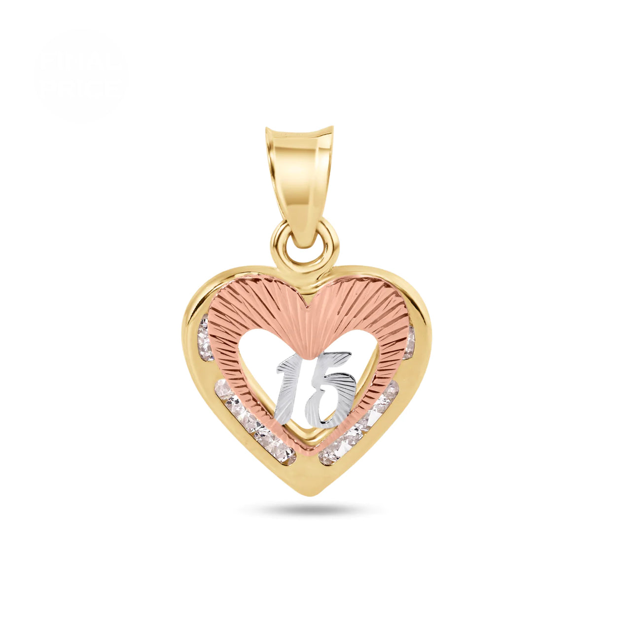 14K Yellow Gold Heart 2 Tone Quinceañera 15 Anos Diamond Cut Clear CZ Pendant