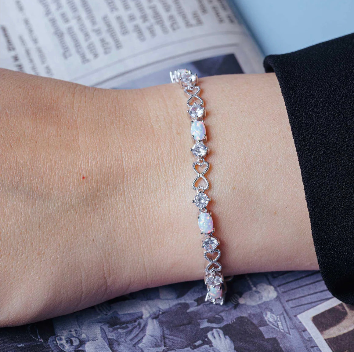 Silver 925 Rhodium Plated Infinity Hearts with CZ and Opal Stones