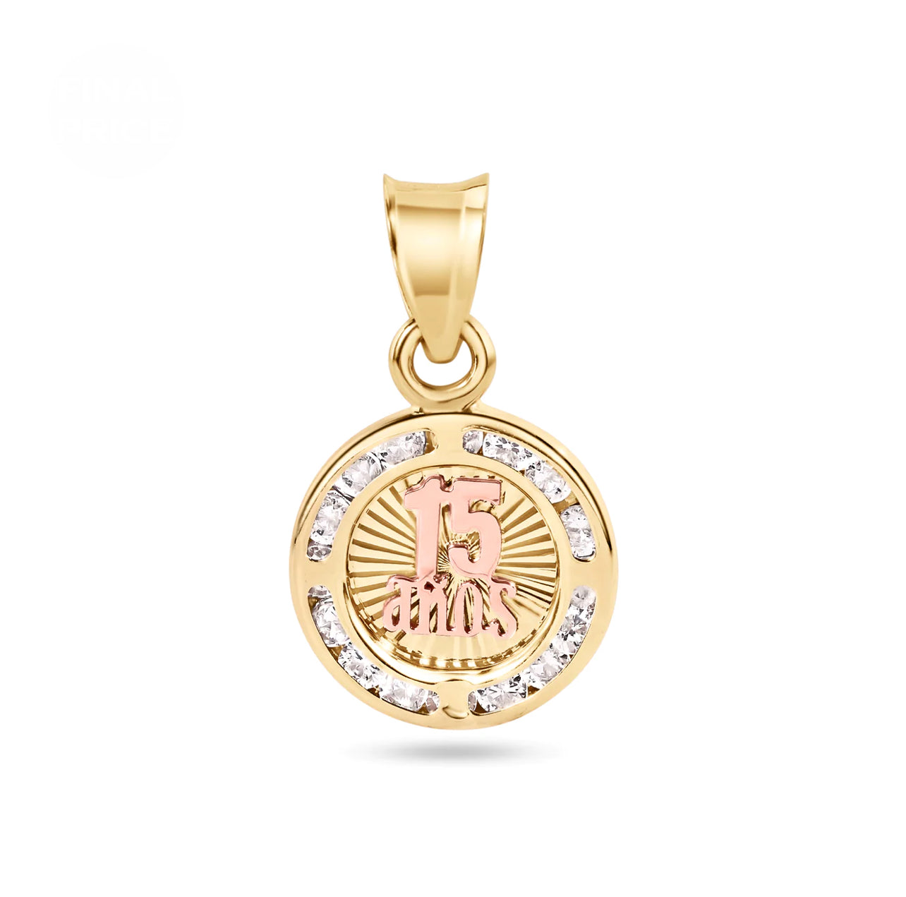 14K Yellow Gold 11.5mm Quinceañera 15 Anos Diamond Cut Clear CZ Pendant