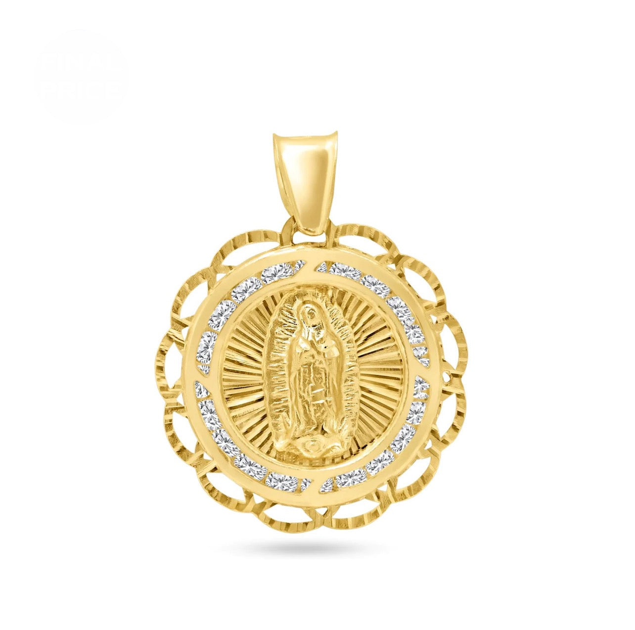 14K Yellow Gold Filigri Diamond Cut CZ Virgencita Pendant