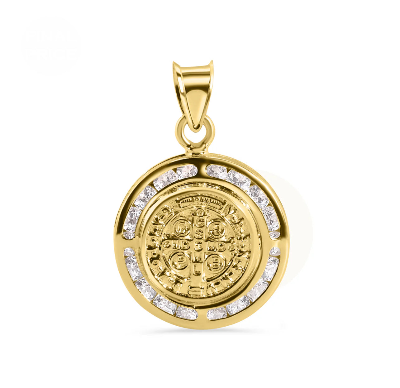 14K Yellow Gold Round Saint Benedict Medal Prayer Clear CZ 16.6mm Pendant