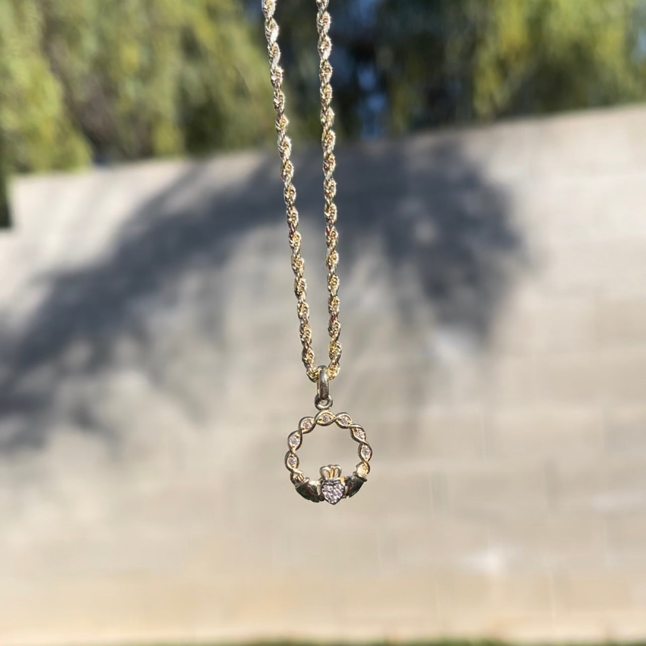 10K Yellow Gold Crown Heart CZ Rope Chain Set