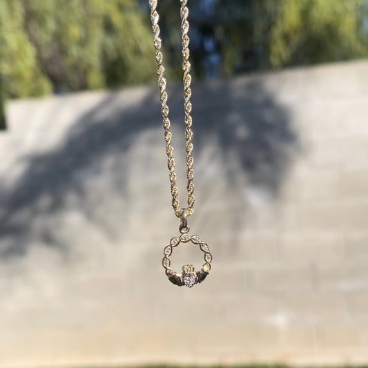 10K Yellow Gold Crown Heart CZ Rope Chain Set