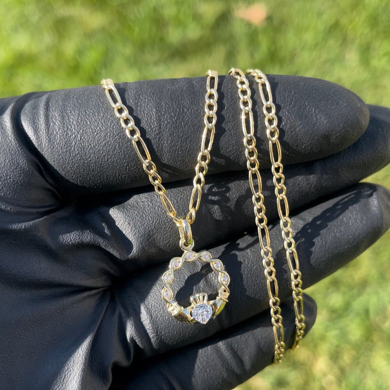10K Yellow Gold Crown Heart CZ Figaro Chain Set