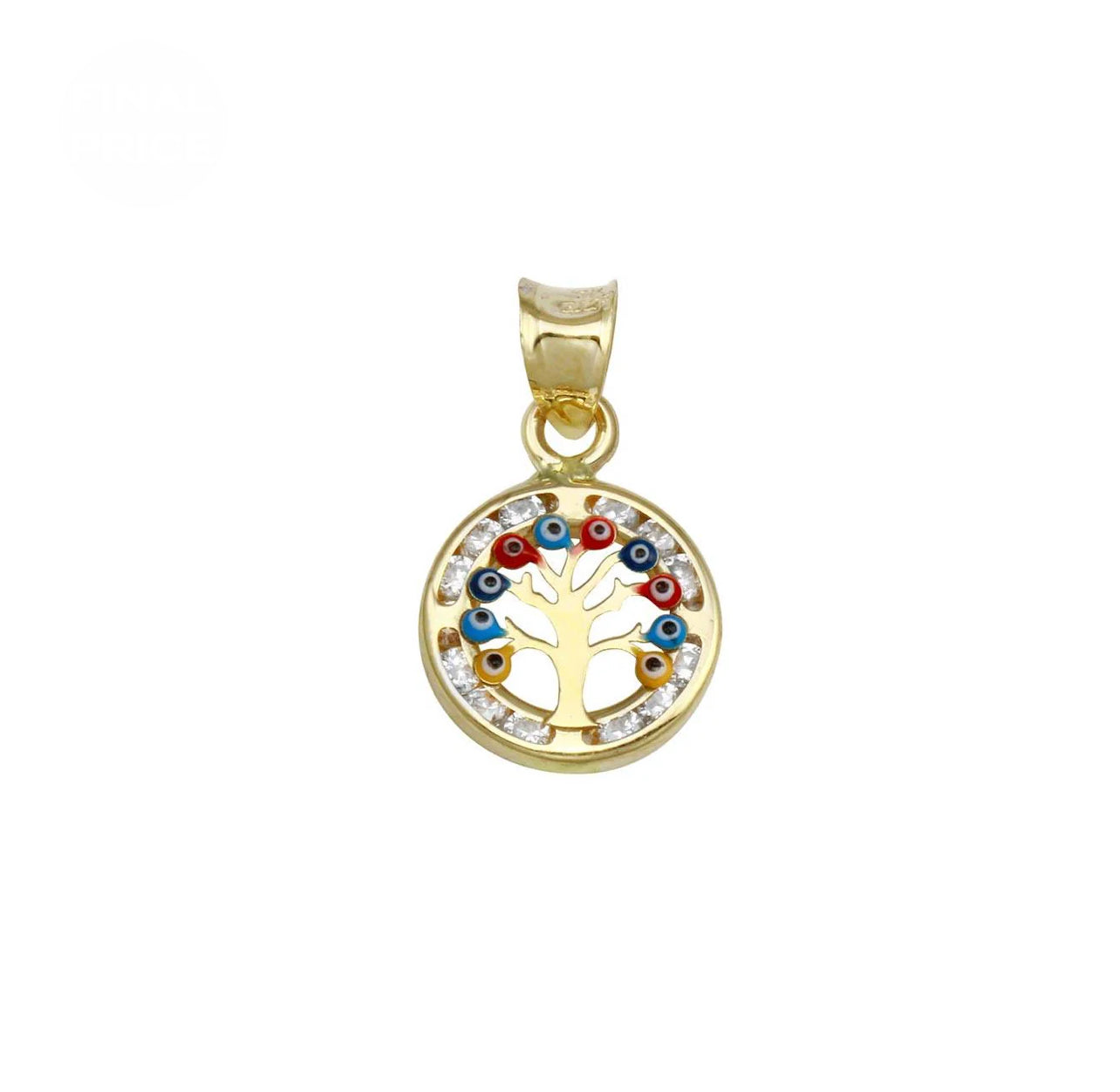 14K Yellow Gold CZ Disc Evil Eyes Pendant