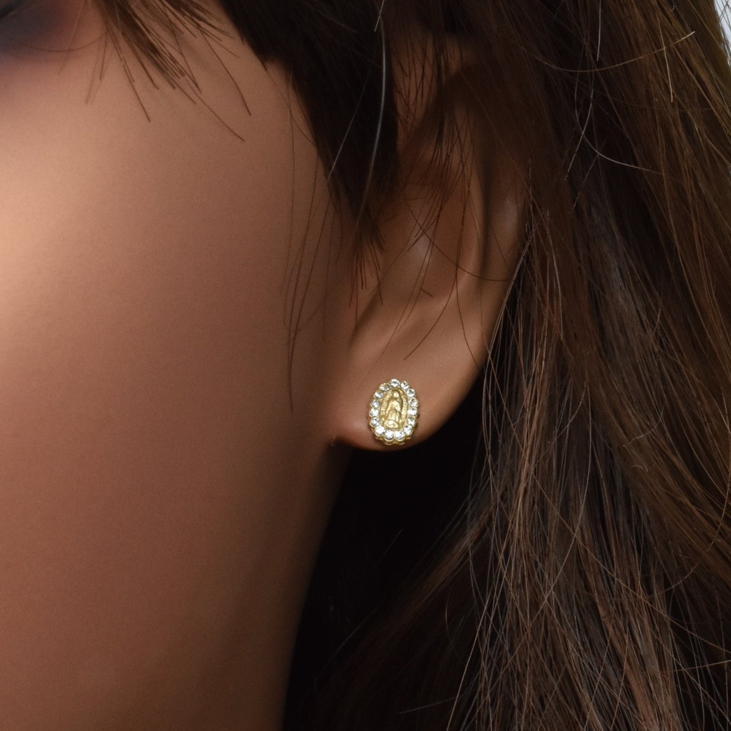 14K Yellow Gold CZ Virgen Mary Screw Back Earring