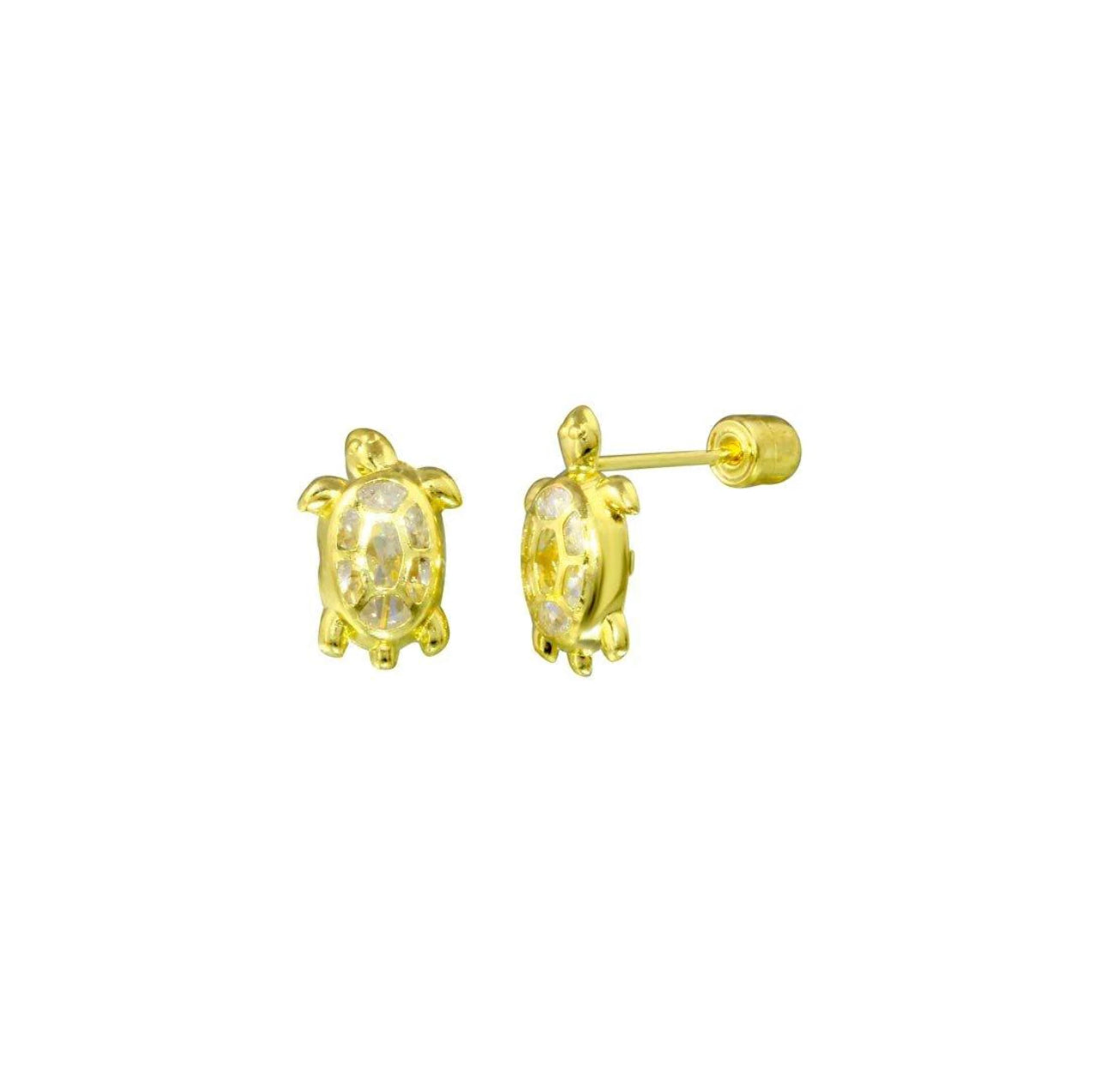 14K Yellow Gold Turtle CZ Screw Back Stud Earrings