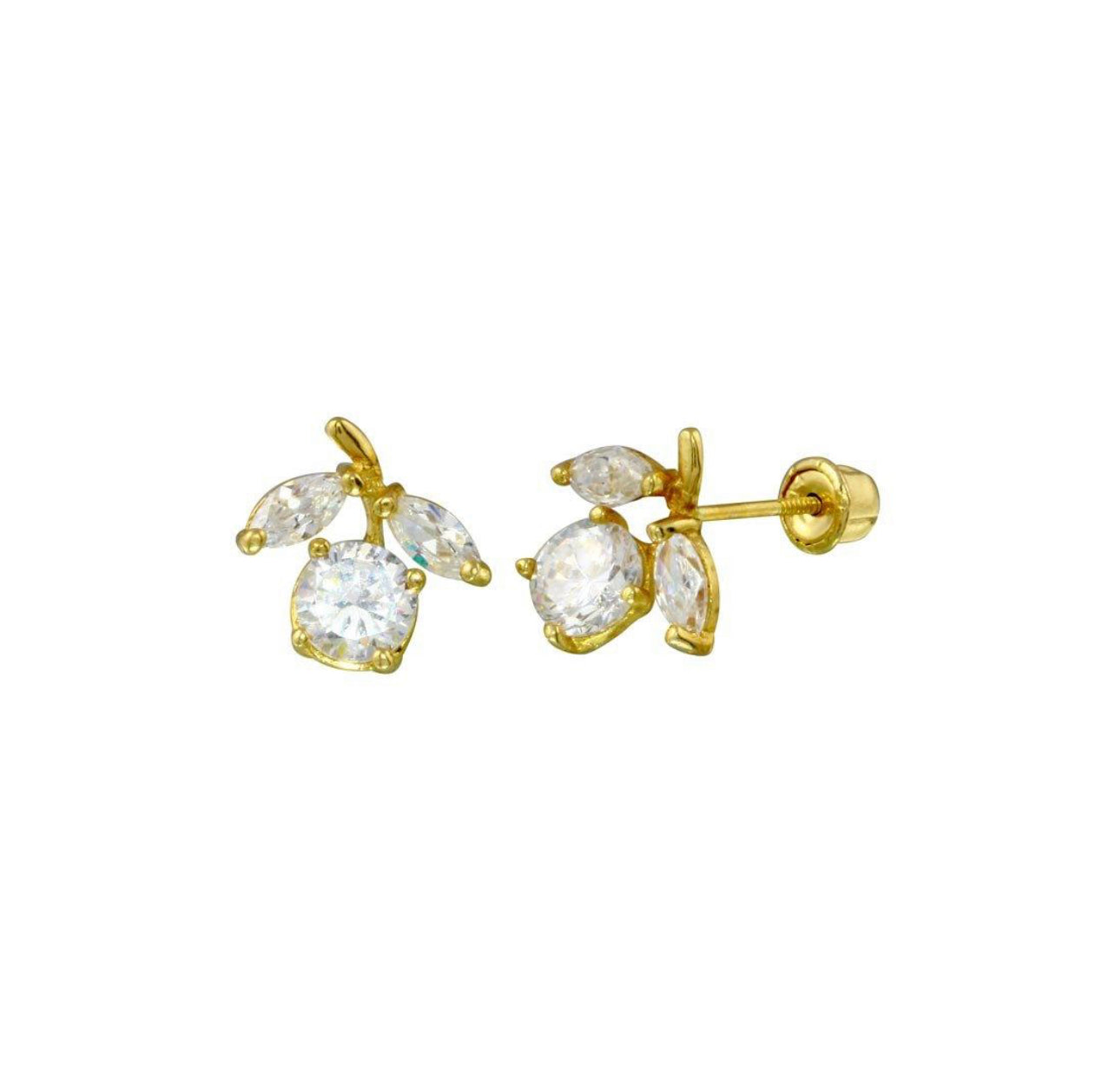 14K Yellow Gold Flower Clear CZ Screw Back Stud Earrings