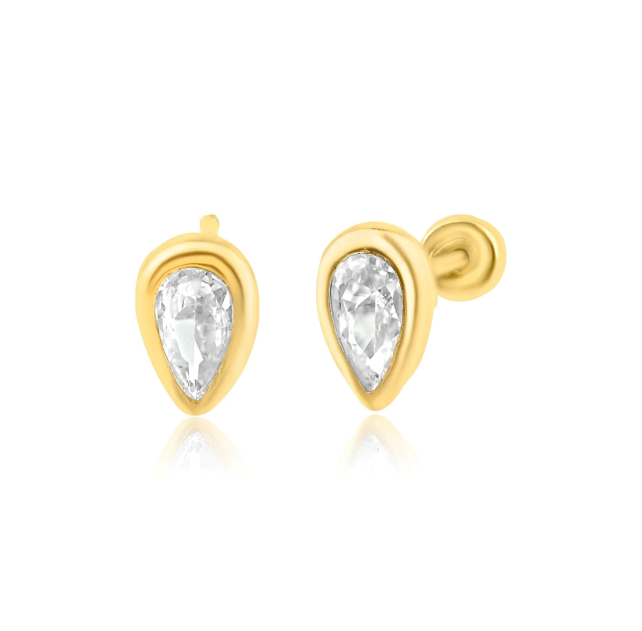 14K Yellow Gold Teardrop CZ Screw Back Earring