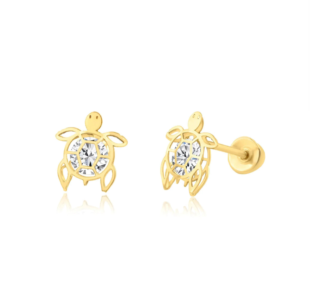 14K Yellow Gold CZ Turtle Screw Back Earring