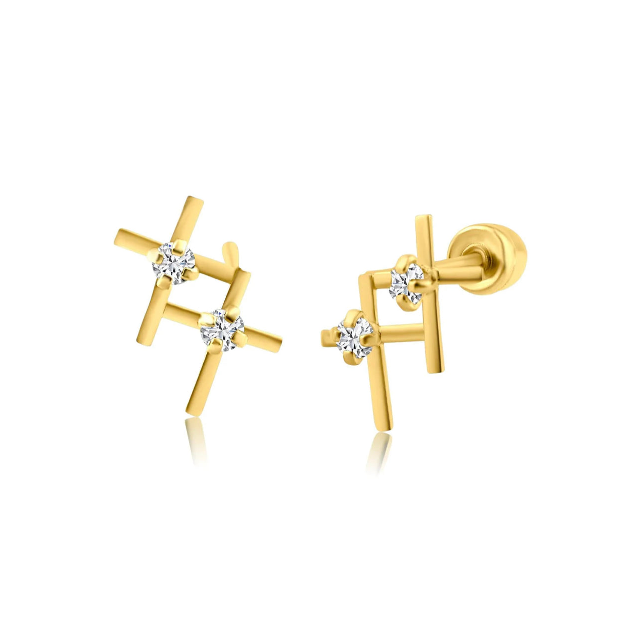 14K Yellow Gold Two Cross CZ Screw Back Earring