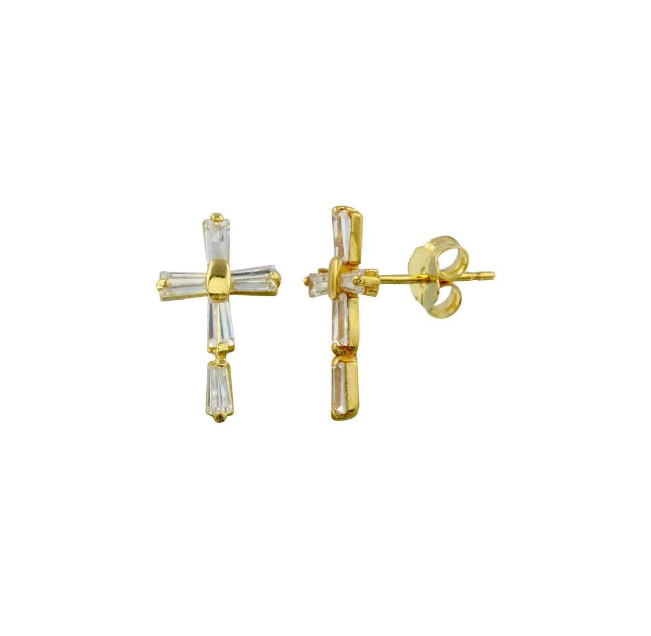 14K Yellow Gold Cross Baguette Stud Earrings