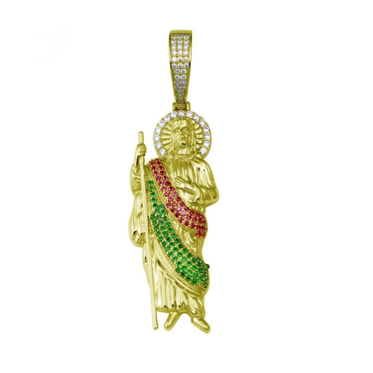 Silver 925 Gold Plated Multi Color CZ San Judas Hip Hop Pendant