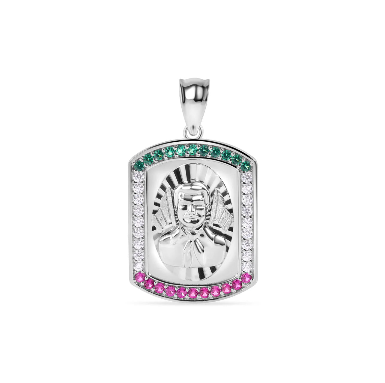 Silver 925 Diamond Cut Green Red and Clear Malverde Pendant