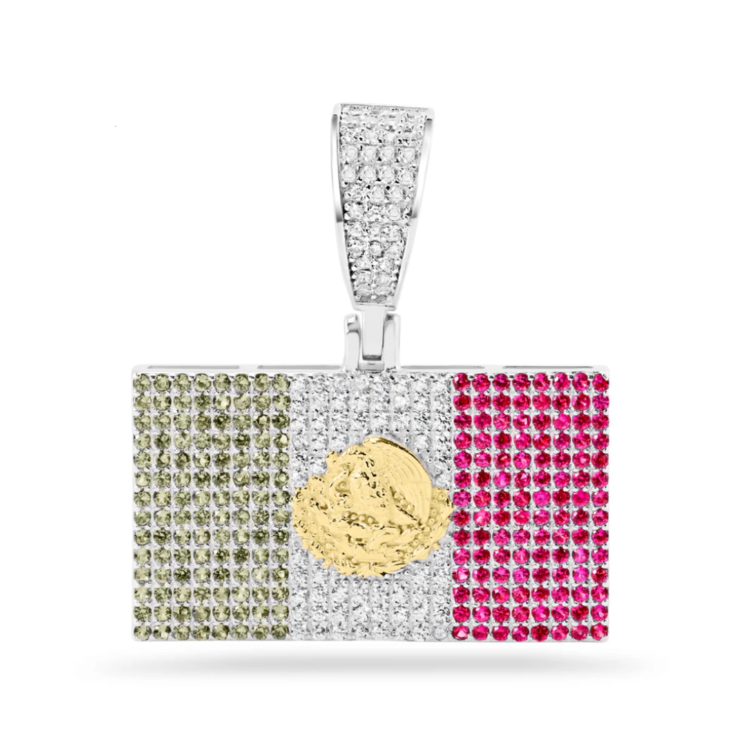 925 Sterling Silver Rectangular Mexico Flag Clear, Green, Red CZ Pendant