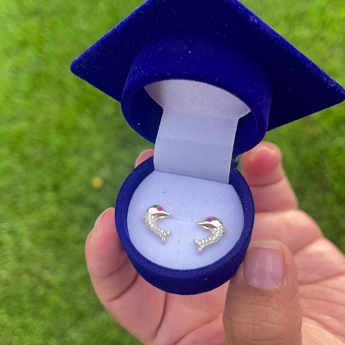 14K Yellow Gold Dolphin Earrings CZ