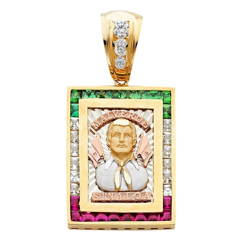 14K Tri Color Gold 31MM CZ Malverde Pendant
