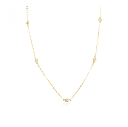 14K Yellow Gold Clear CZ Round Charm Link Necklace