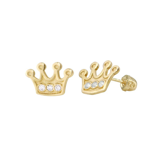 14K Yellow Gold CZ Crown Screw Back Earrings