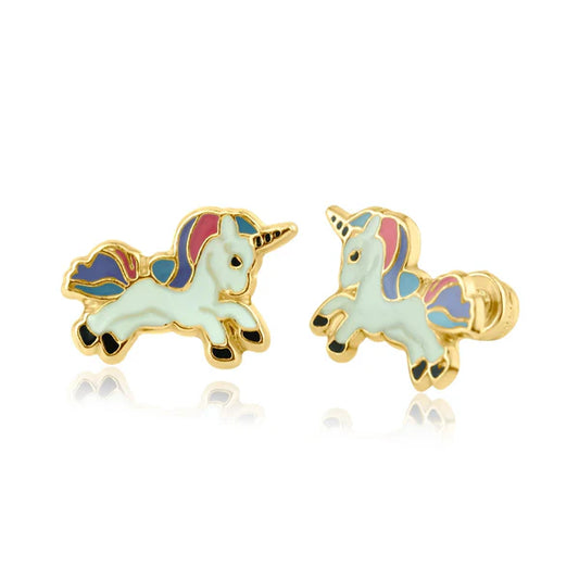 14K Yellow Gold Enamel Color Unicorn Screw Back Earring
