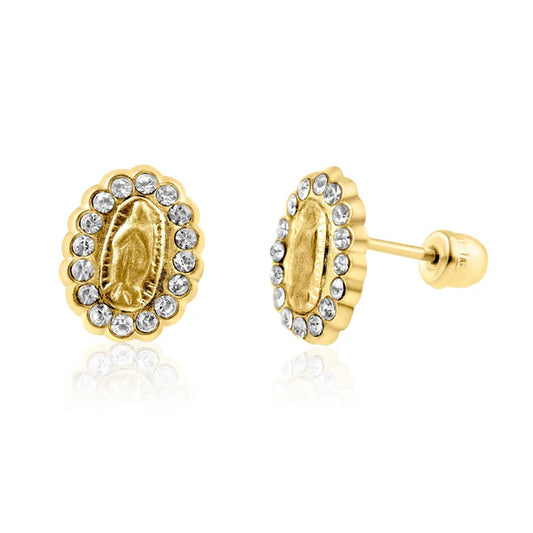 14K Yellow Gold CZ Virgen Mary Screw Back Earring