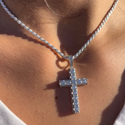 925 Silver Rope Chain CZ Cross Set