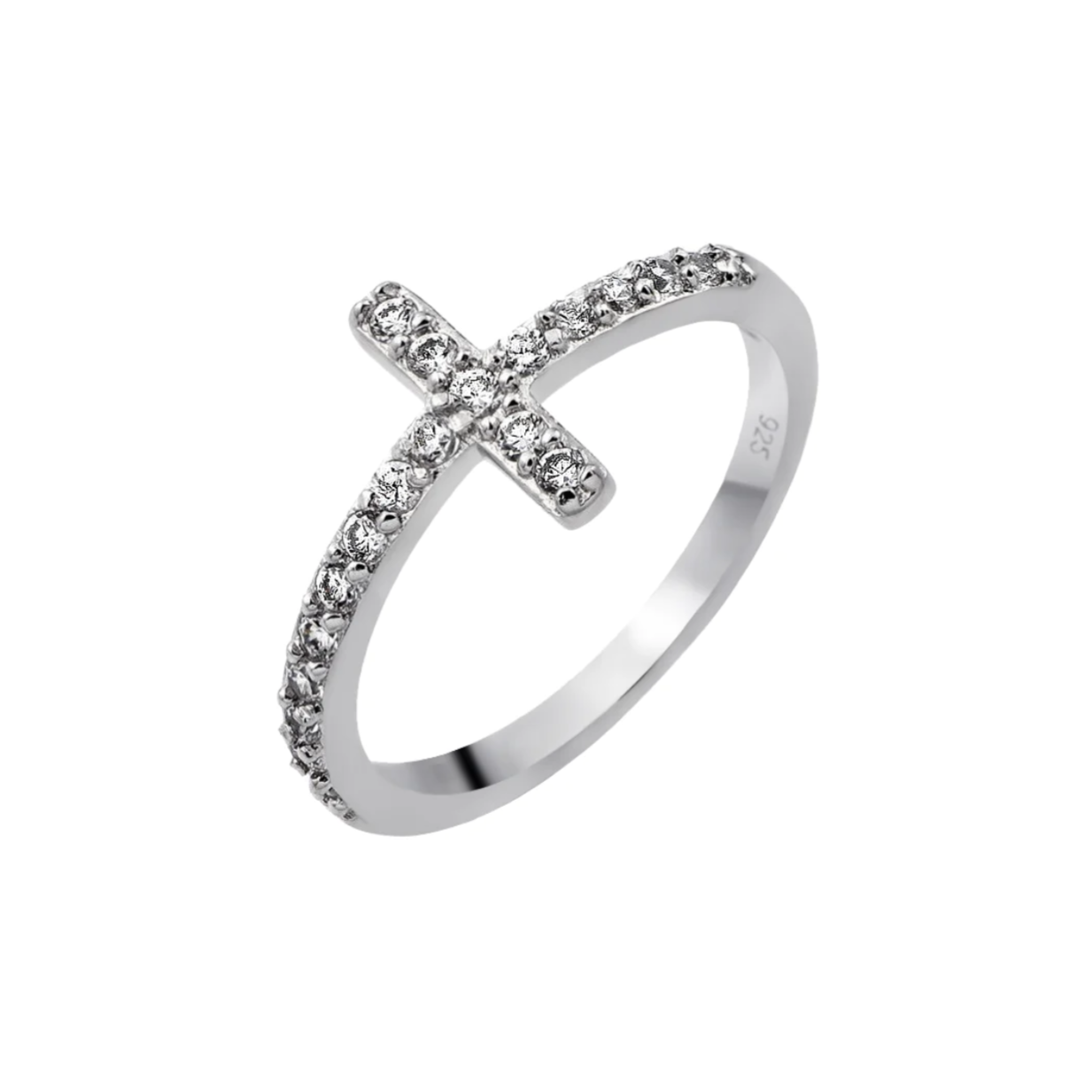 Silver 925 Rhodium Plated Clear CZ Cross Ring