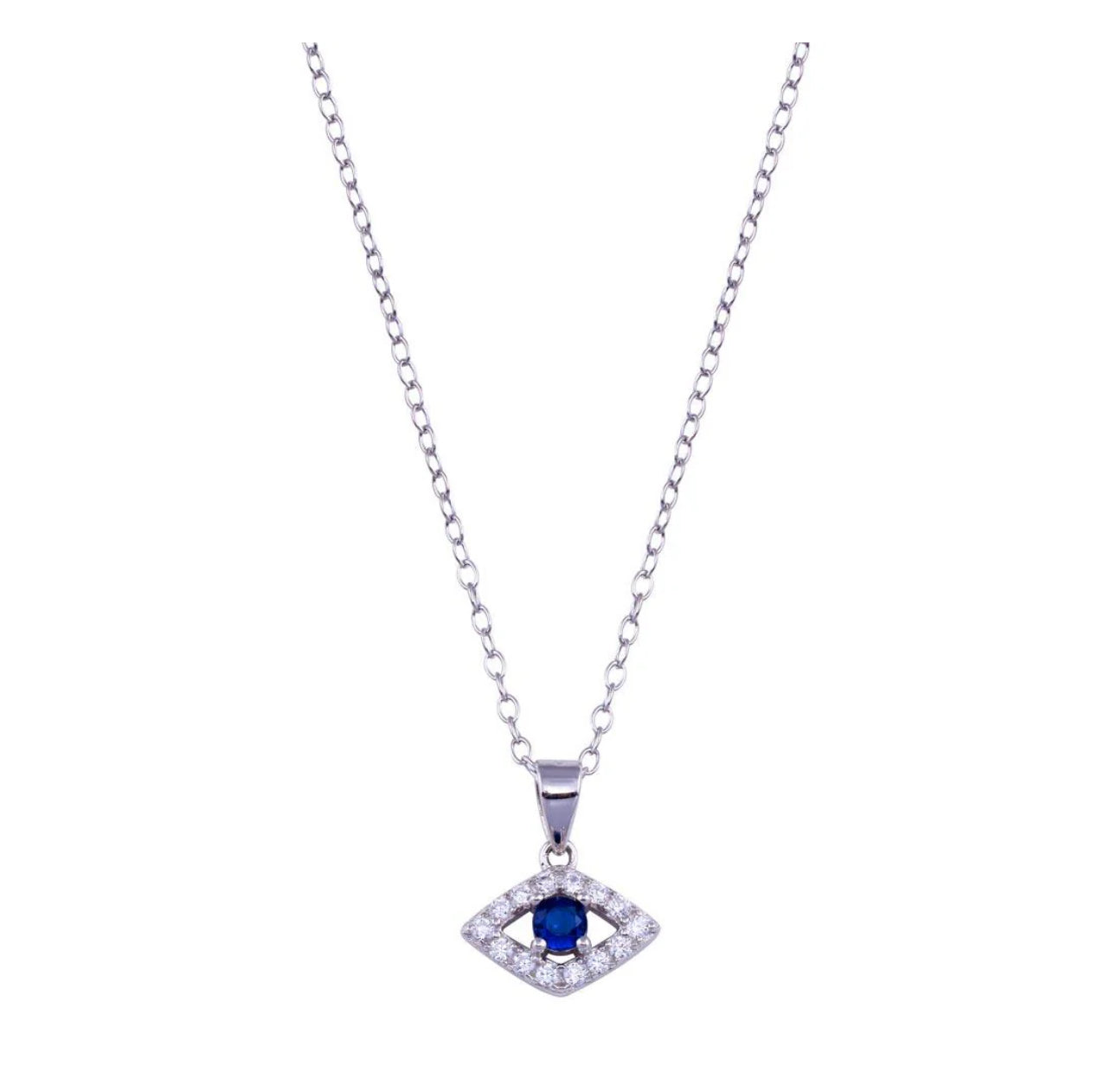 925 Sterling Silver Clear and Blue CZ Evil Eye Necklace