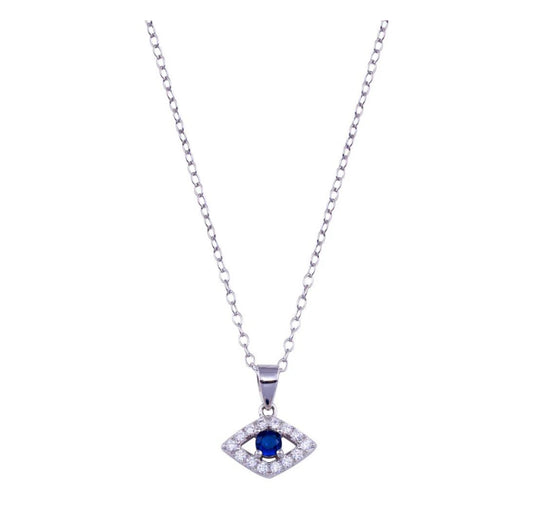 925 Sterling Silver Clear and Blue CZ Evil Eye Necklace