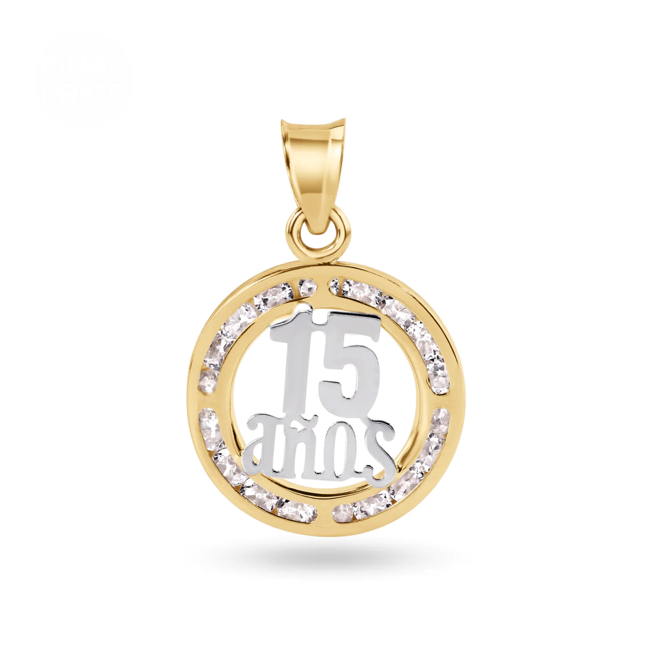 14K Yellow Gold 15.5mm Quinceañera 15 Anos Clear CZ Pendant