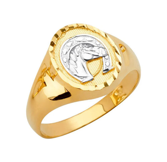 14K Tri Color Round Horse Men's Ring