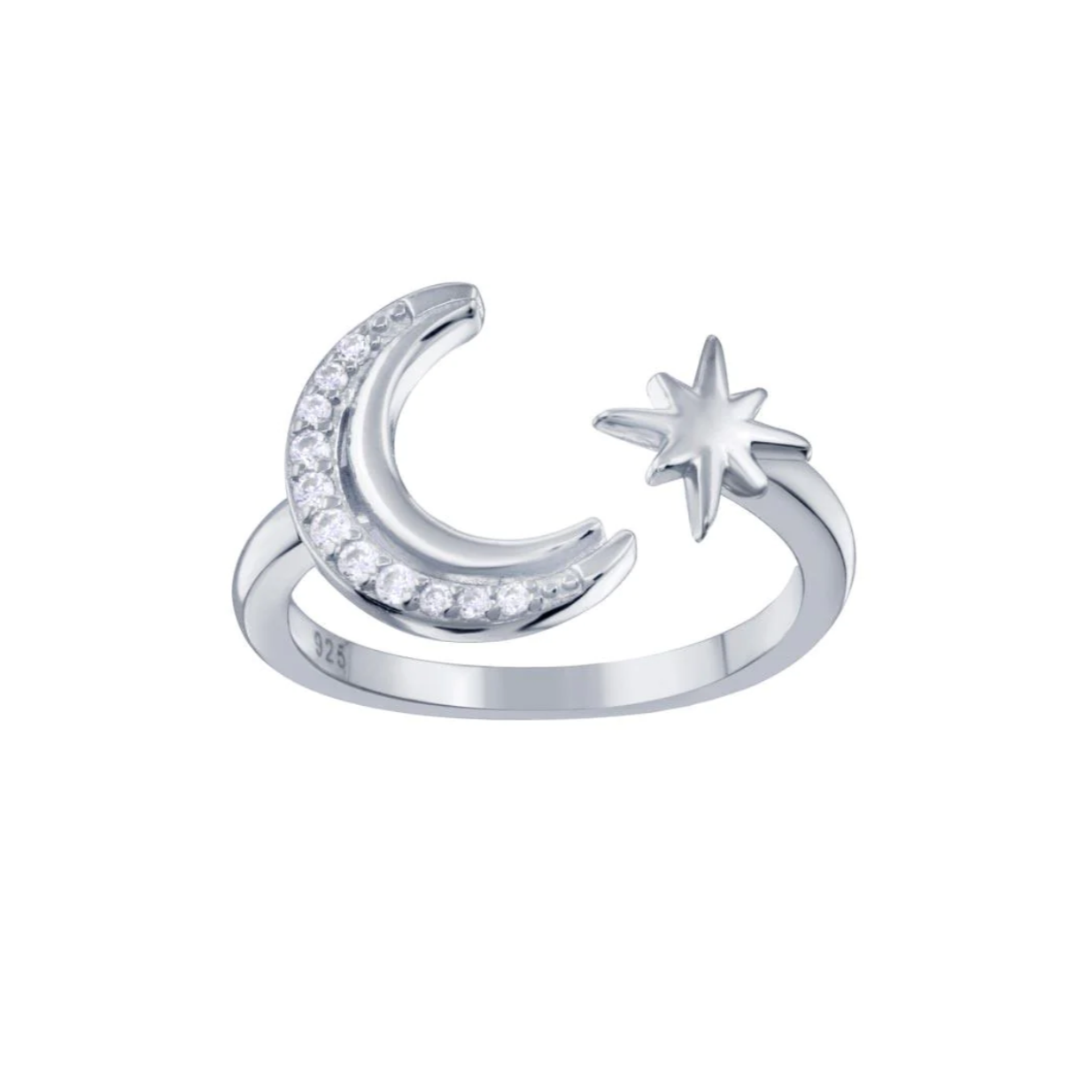 Silver 925 Rhodium Plated Cresent Moon and Star CZ
Ring