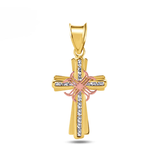 14K Yellow Gold Cross Two Tone Clear CZ Pendant